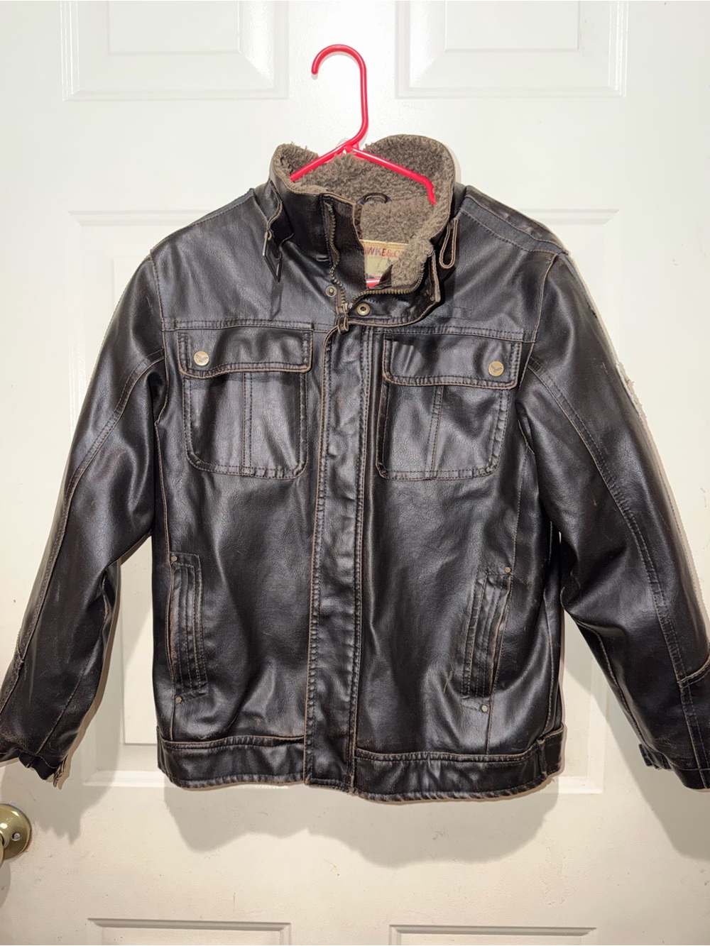Hawke & Co Dark Brown Faux Leather Bomber Jacket with Sherpa Lining